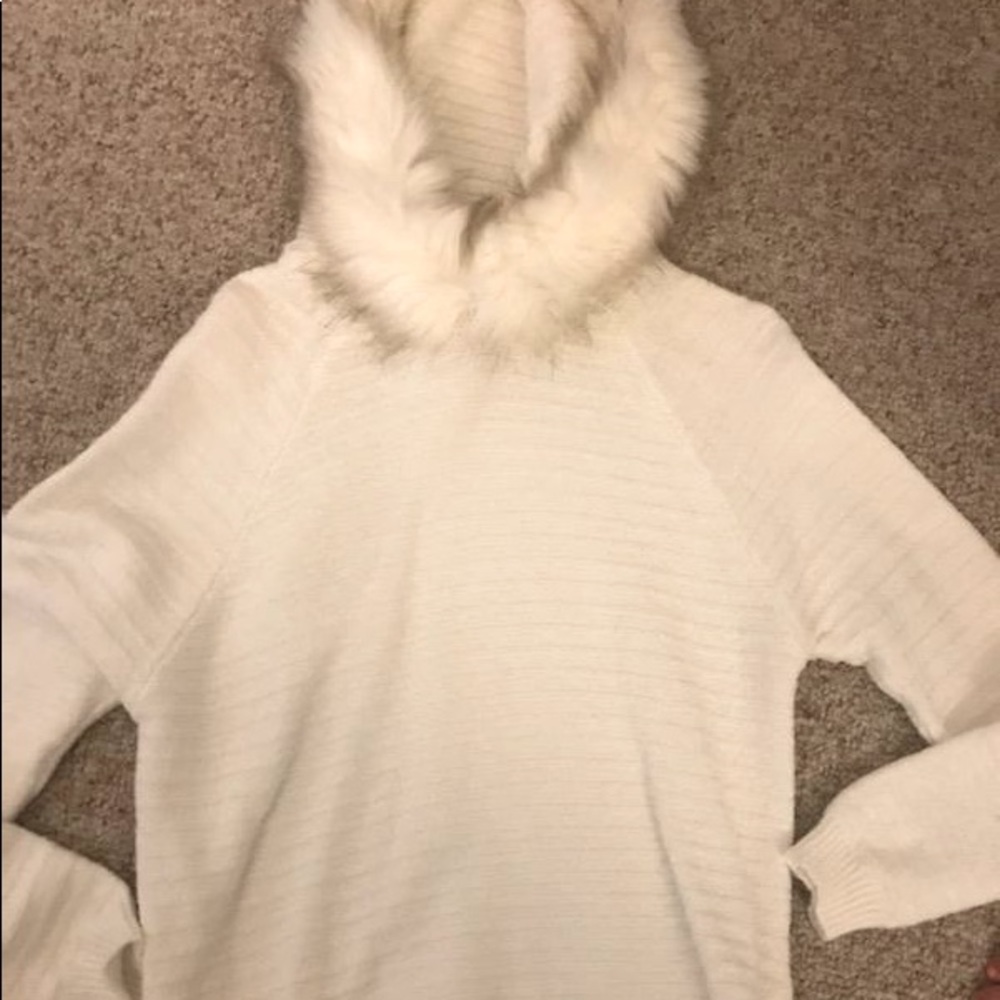 Girls off white fur hooded sweater